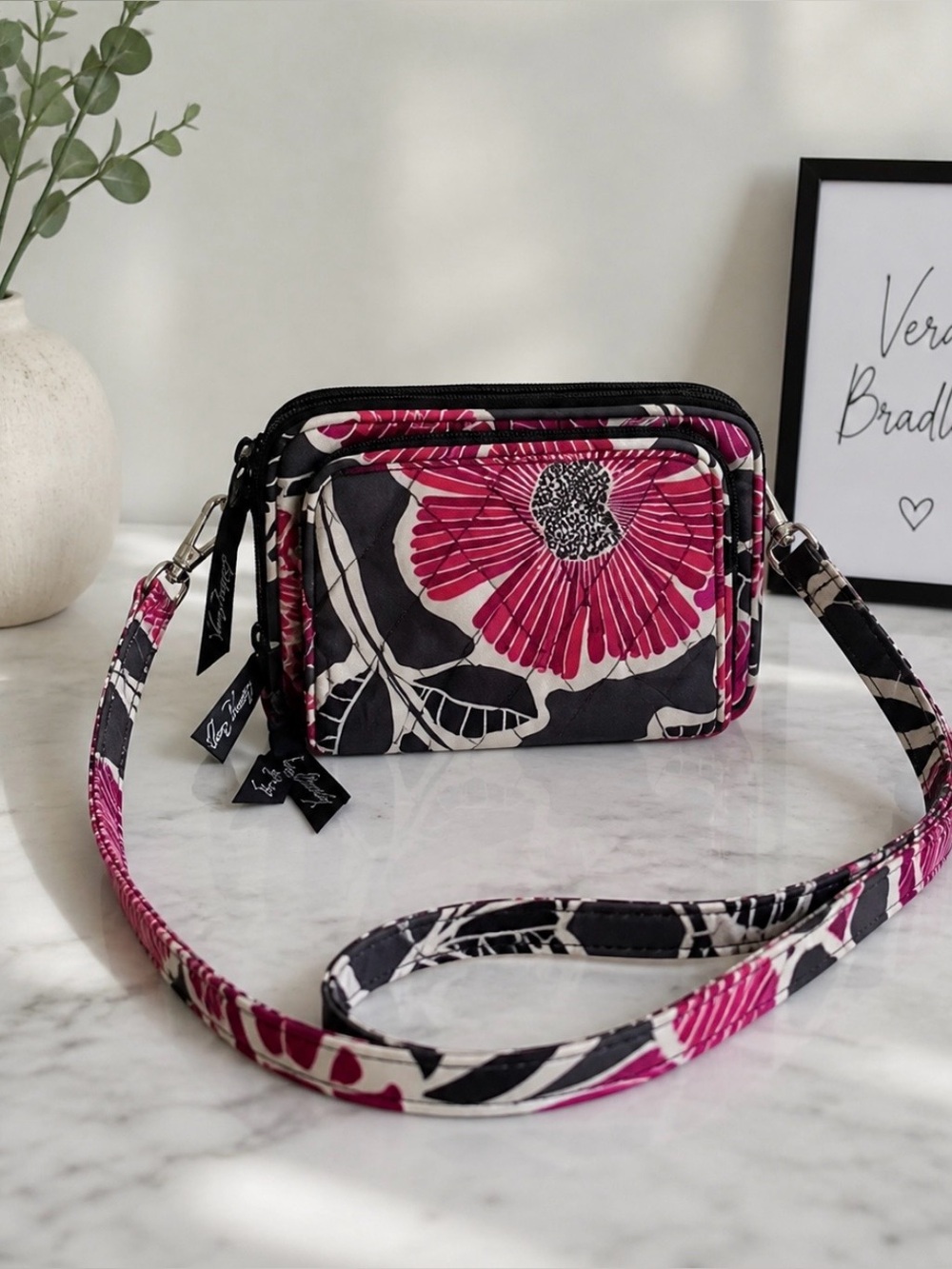 Vera Bradley Pink and Black Floral Crossbody Wristlet